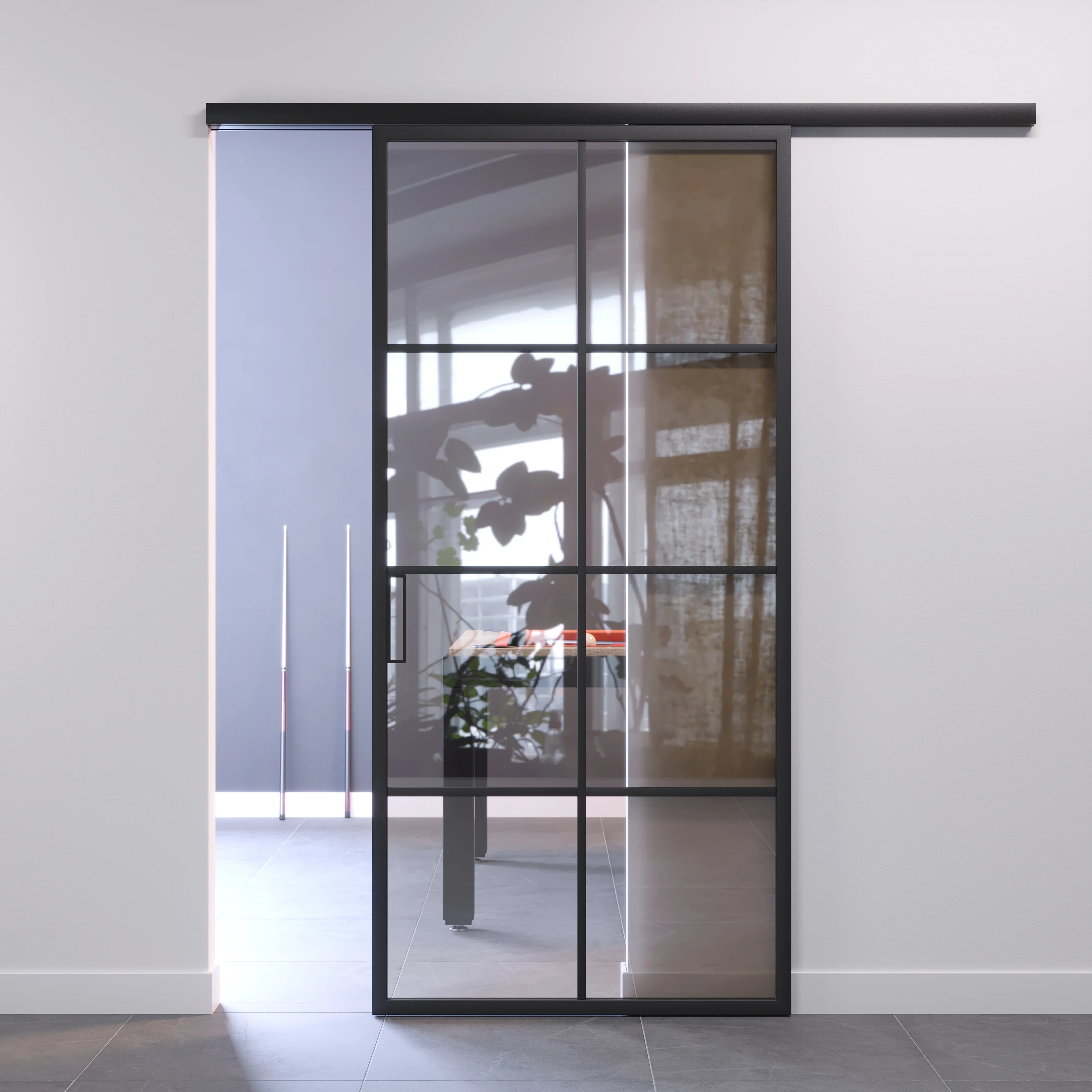 Porta Scorrevole con Anta Profilata in Vetro Riflettente con Riquadri