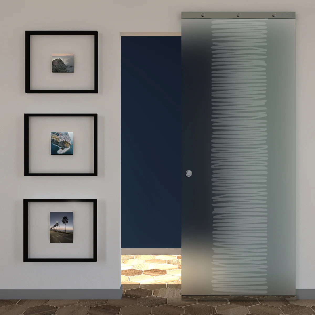 Porta Vetro Satinato Scorrevole e Disegno Sabbiato con Binario Magical Invisibile - Image 15