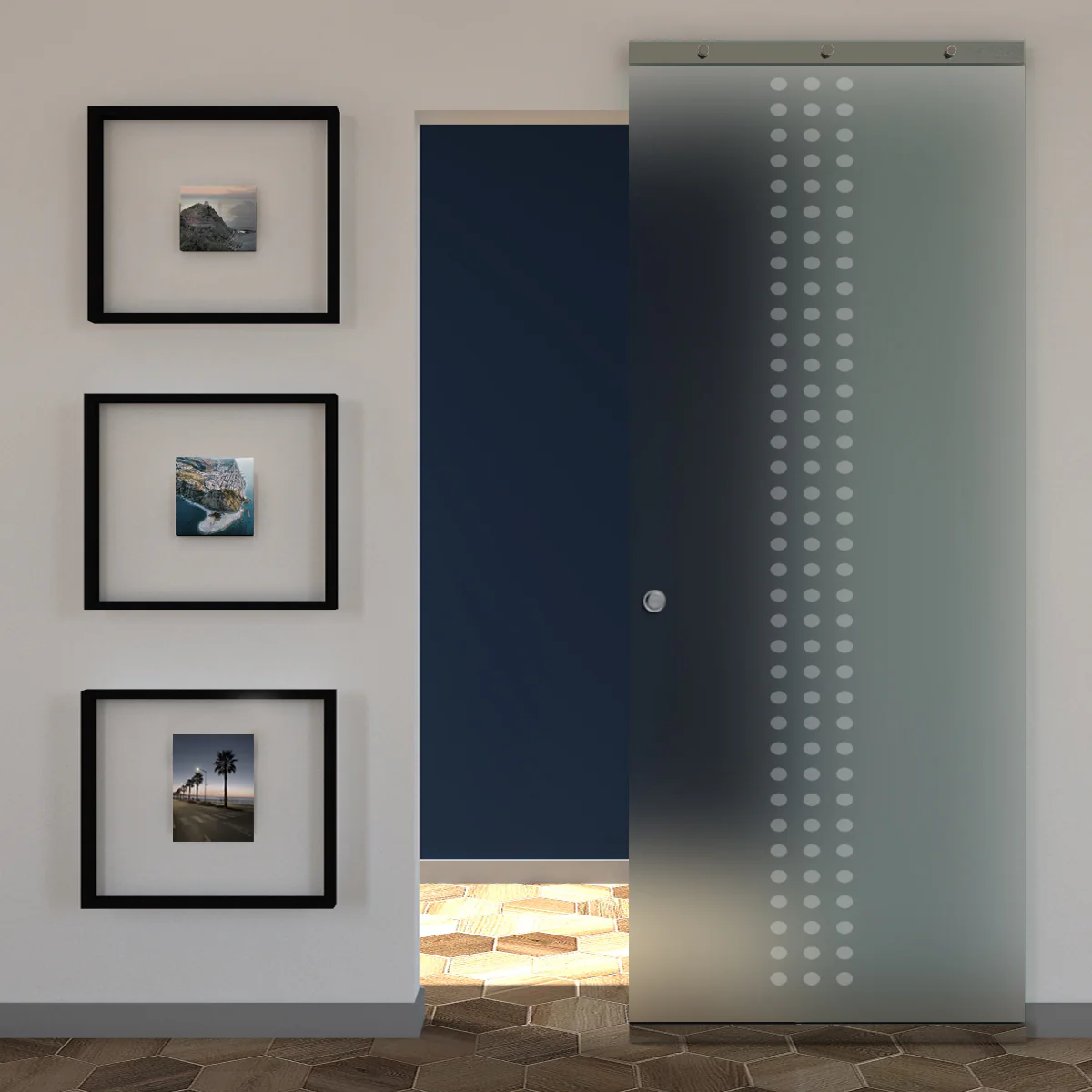 Porta Vetro Satinato Scorrevole e Disegno Sabbiato con Binario Magical Invisibile - Image 17