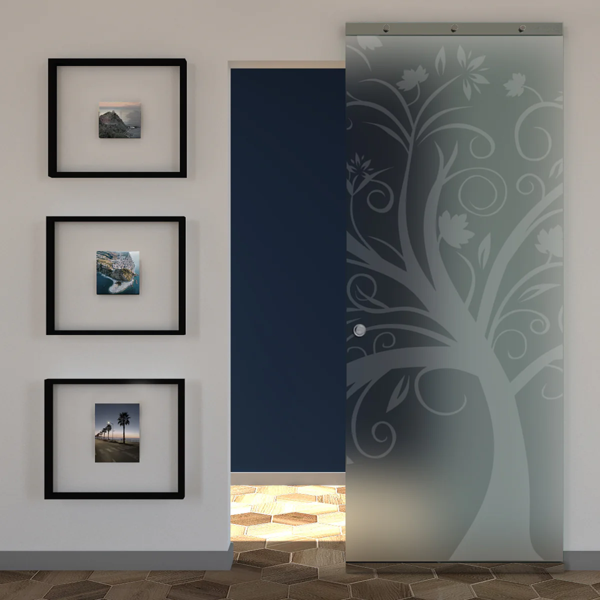 Porta Vetro Satinato Scorrevole e Disegno Sabbiato con Binario Magical Invisibile - Image 18