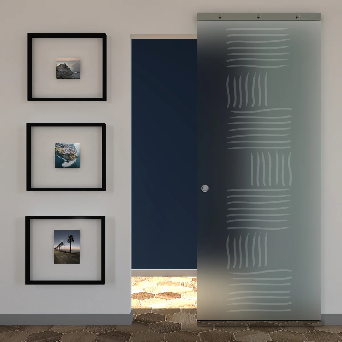 Porta Vetro Satinato Scorrevole e Disegno Sabbiato con Binario Magical Invisibile - Image 19