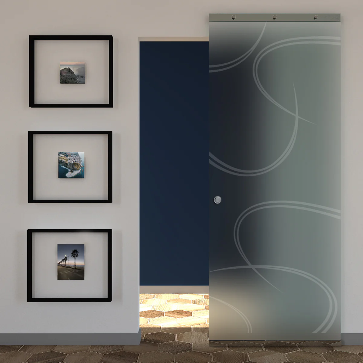 Porta Vetro Satinato Scorrevole e Disegno Sabbiato con Binario Magical Invisibile - Image 21