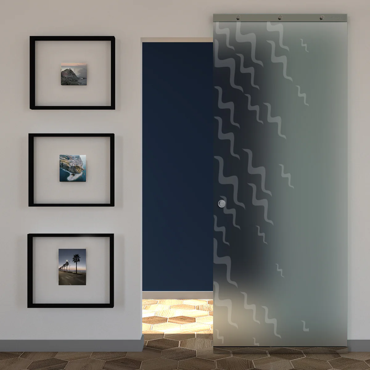 Porta Vetro Satinato Scorrevole e Disegno Sabbiato con Binario Magical Invisibile - Image 6