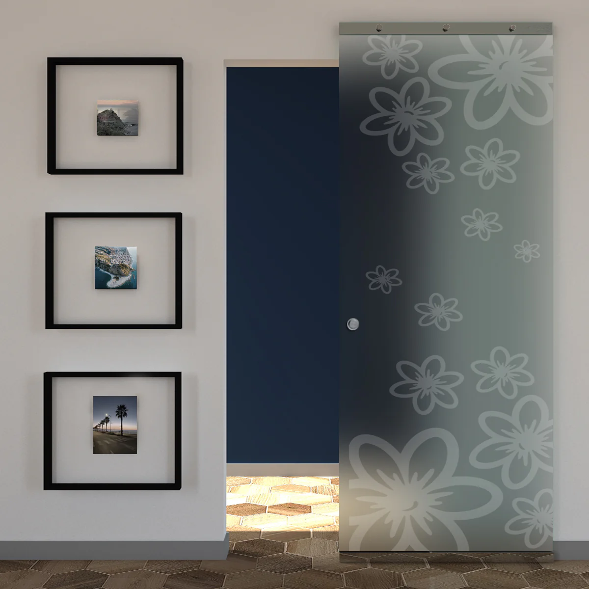 Porta Vetro Satinato Scorrevole e Disegno Sabbiato con Binario Magical Invisibile - Image 8