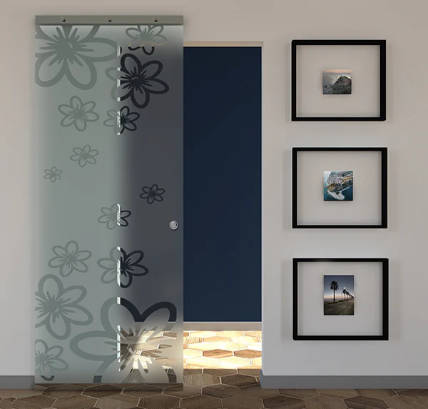 Porta Scorrevole in Vetro Sabbiato e Disegno Trasparente con Binario Magical Invisibile - Image 11