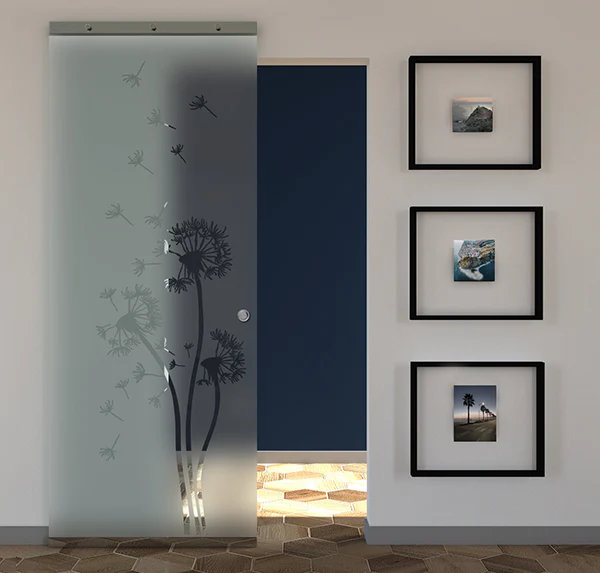 Porta Scorrevole in Vetro Sabbiato e Disegno Trasparente con Binario Magical Invisibile - Image 16