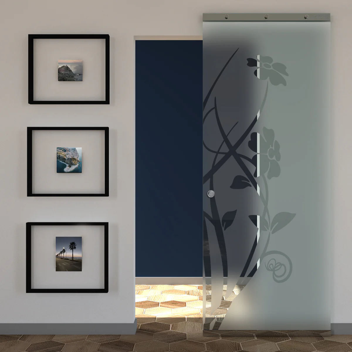 Porta Scorrevole in Vetro Sabbiato e Disegno Trasparente con Binario Magical Invisibile - Image 28