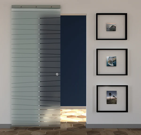 Porta Scorrevole in Vetro Sabbiato e Disegno Trasparente con Binario Magical Invisibile - Image 3