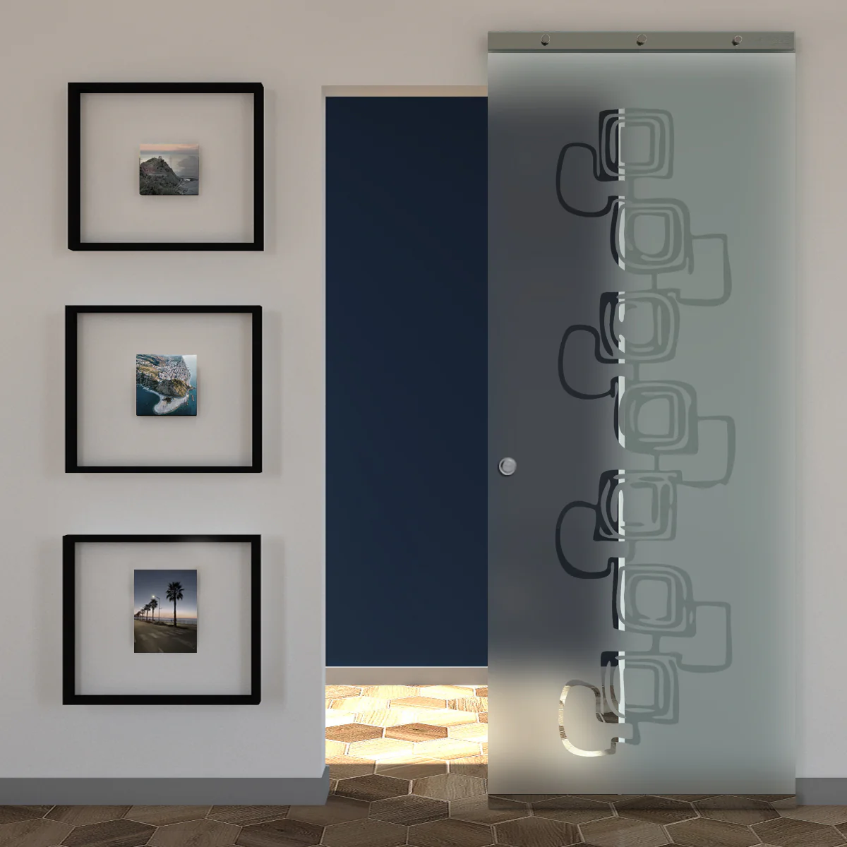 Porta Scorrevole in Vetro Sabbiato e Disegno Trasparente con Binario Magical Invisibile - Image 36