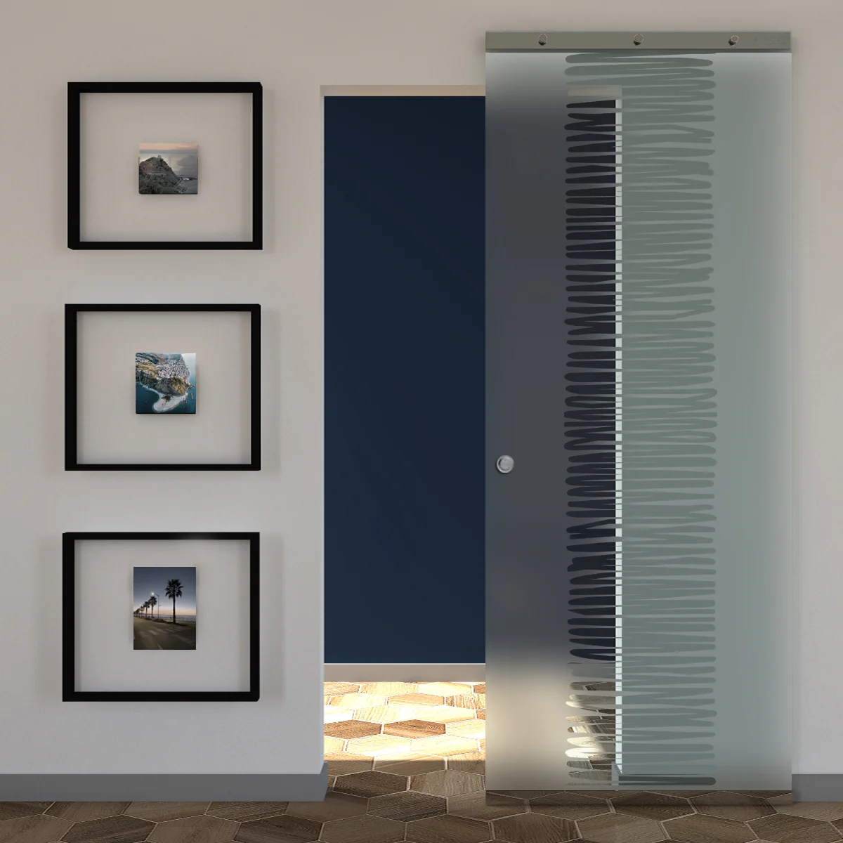Porta Scorrevole in Vetro Sabbiato e Disegno Trasparente con Binario Magical Invisibile - Image 38