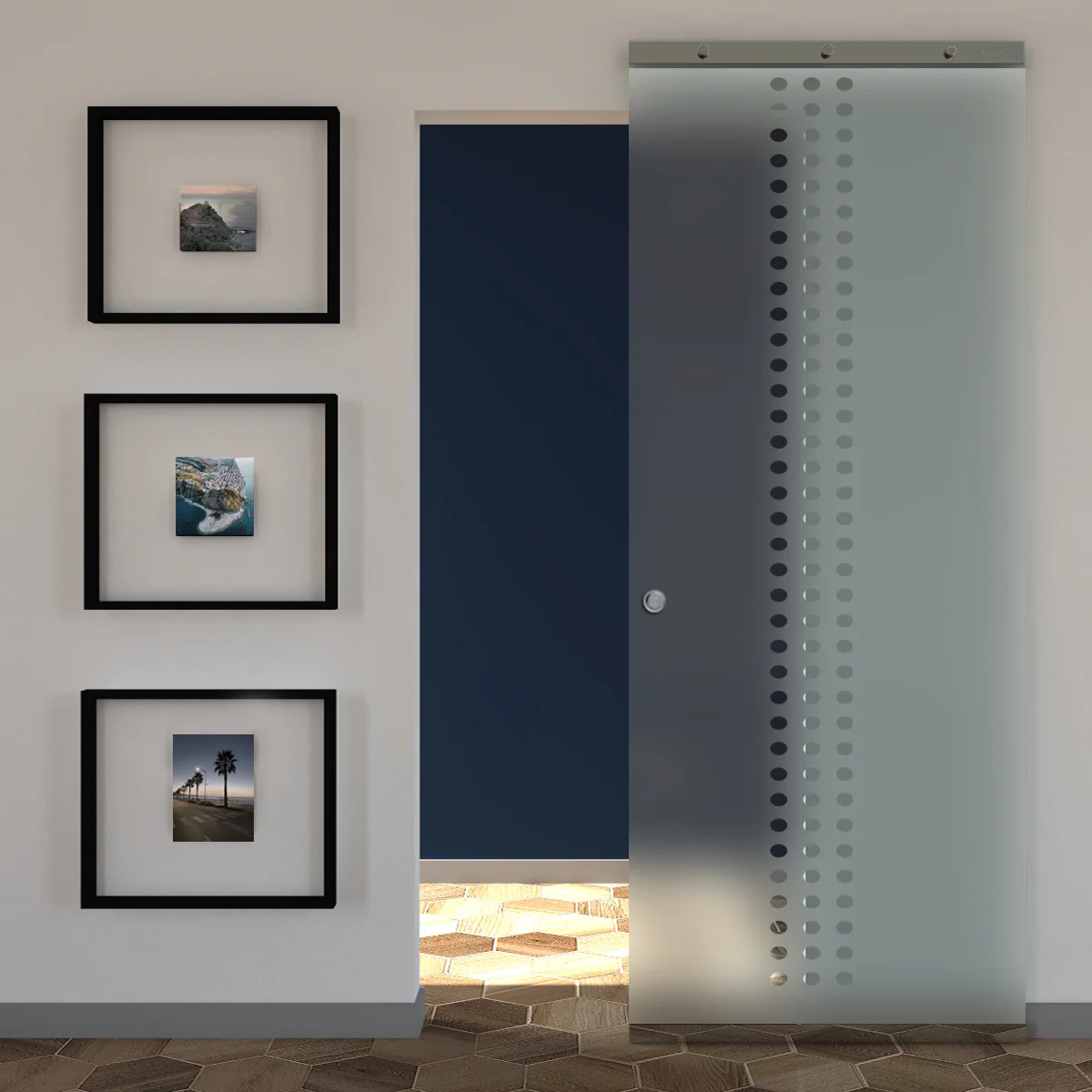 Porta Scorrevole in Vetro Sabbiato e Disegno Trasparente con Binario Magical Invisibile - Image 40