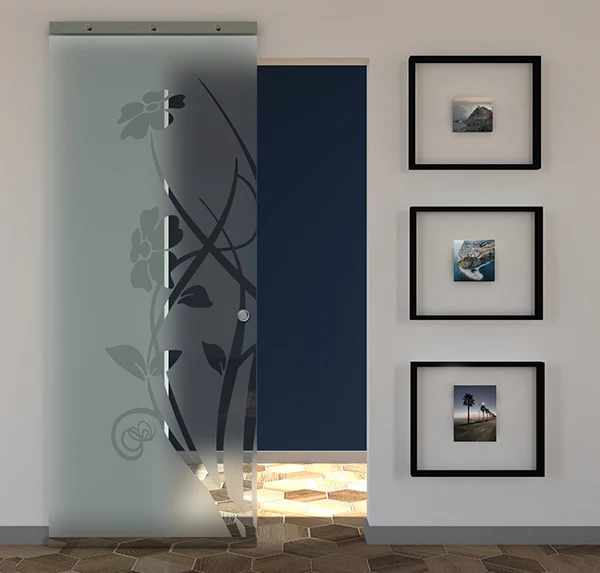 Porta Scorrevole in Vetro Sabbiato e Disegno Trasparente con Binario Magical Invisibile - Image 8