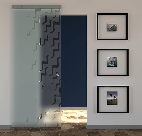 Porta Scorrevole in Vetro Sabbiato e Disegno Trasparente con Binario Magical Invisibile - Image 9