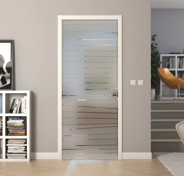 Porta Scorrevole a Scomparsa Vetro Sabbiato e Disegno Trasparente - Image 3