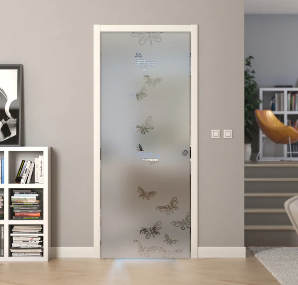 Porta Scorrevole a Scomparsa Vetro Sabbiato e Disegno Trasparente - Image 8