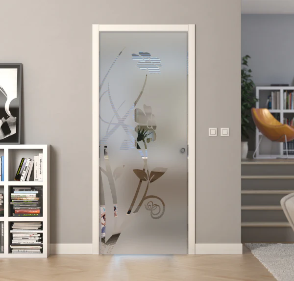 Porta Scorrevole a Scomparsa Vetro Sabbiato e Disegno Trasparente - Image 9