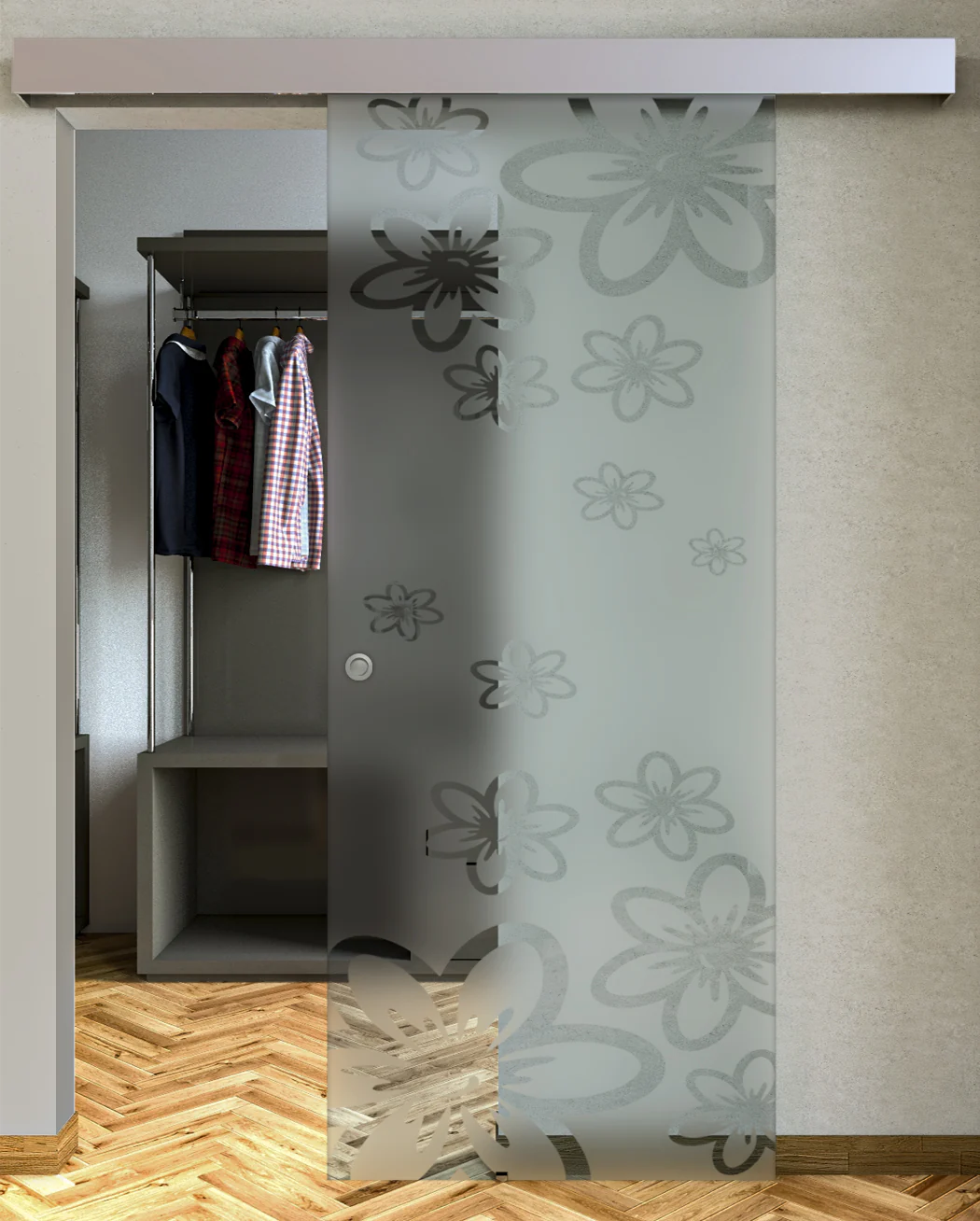 Porta Scorrevole Vetro Sabbiato e Disegno Trasparente con Binario Compact - Image 11