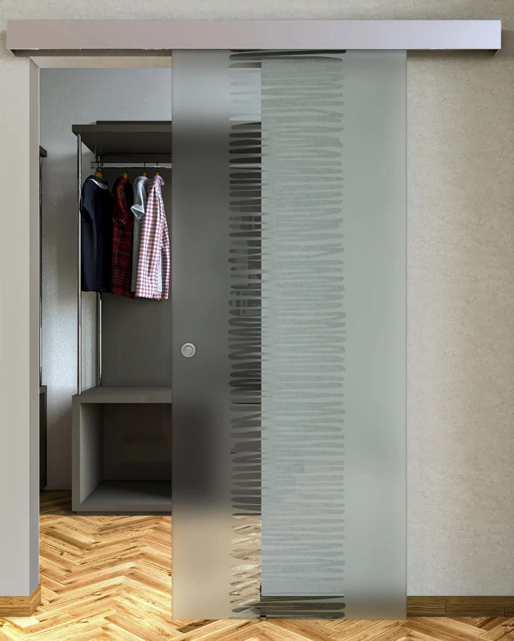 Porta Scorrevole Vetro Sabbiato e Disegno Trasparente con Binario Compact - Image 18