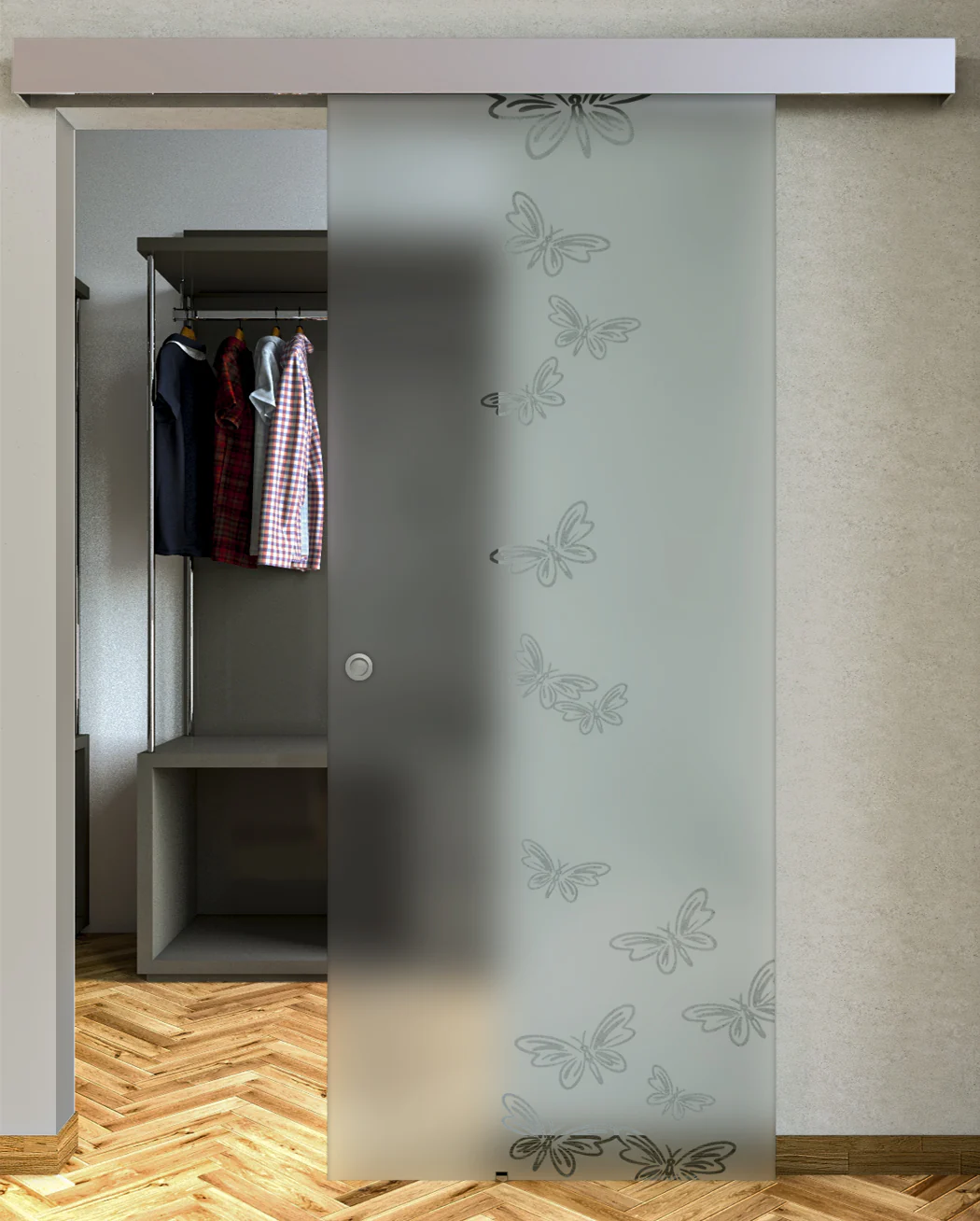Porta Scorrevole Vetro Sabbiato e Disegno Trasparente con Binario Compact - Image 6