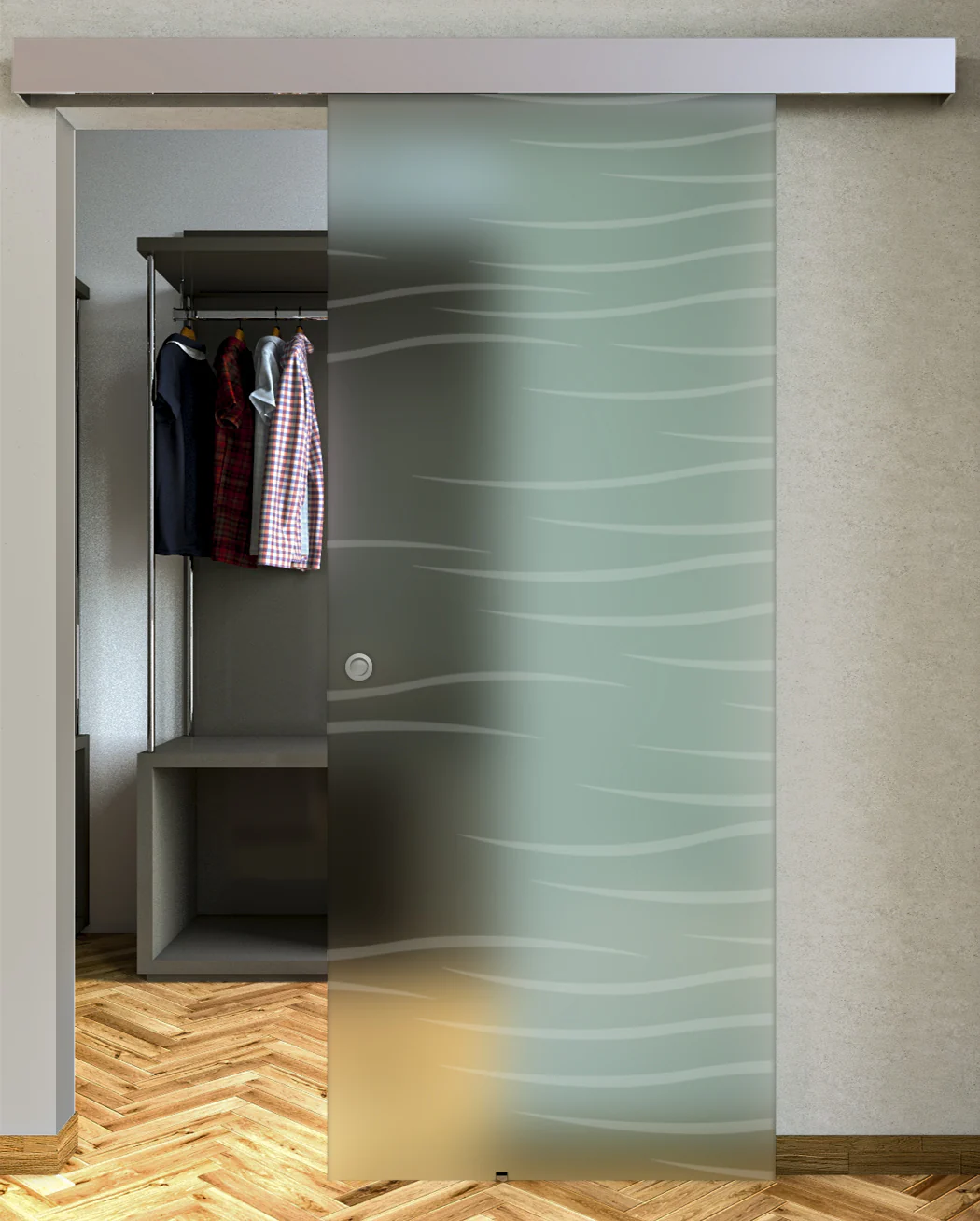 Porta Scorrevole Vetro Satinato e Disegno Sabbiato con Binario Compact - Image 11