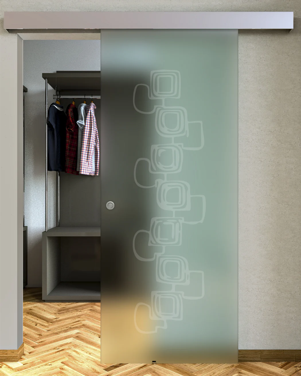 Porta Scorrevole Vetro Satinato e Disegno Sabbiato con Binario Compact - Image 14