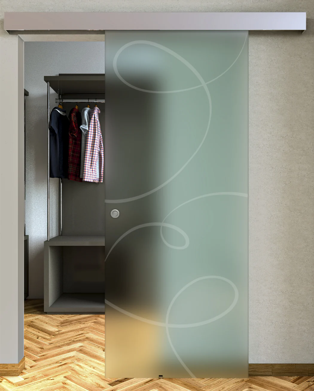 Porta Scorrevole Vetro Satinato e Disegno Sabbiato con Binario Compact - Image 3